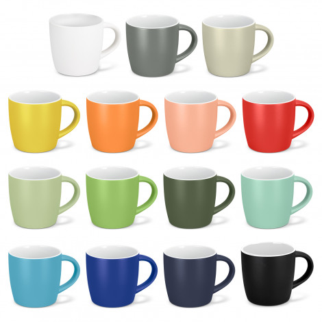 The TRENDS Mocha Coffee Mug is a modern 330ml mug. 15 colours available. Matte glazed out with white gloss glazed inner. Printing available for your logo.