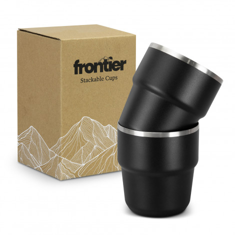 The TRENDS Frontier Stackable Cups are 2 x 300ml double wall, powder coated cups. In Black. Available with printing or engraving of your logo.