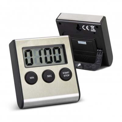 The TRENDS Aeon Kitchen Timer is a sleek aluminium timer.  LCD screen, push button controls.  Up to 99 minutes.  Silver.  Great kitchen promo products.