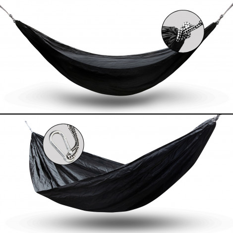The TRENDS Frontier Stratus Outdoor Hammock is a lightweight, durable hammock.  Nylon based.  Black.  3 branding options - great outdoor corporate gift.