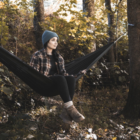The TRENDS Frontier Stratus Outdoor Hammock is a lightweight, durable hammock.  Nylon based.  Black.  3 branding options - great outdoor corporate gift.