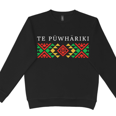 The TE PŪWHĀRIKI Adults Crew is a 320gsm hoodie with logo on front and tui symbol on the back of the neck.  XS - 5XL available. Preorder only.