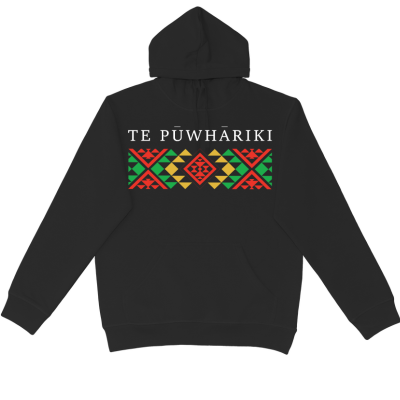 The TE PŪWHĀRIKI Adults Hoodie is a 320gsm hoodie with logo on front and tui symbol on the back of the neck.  XS - 7XL available. Preorder only.